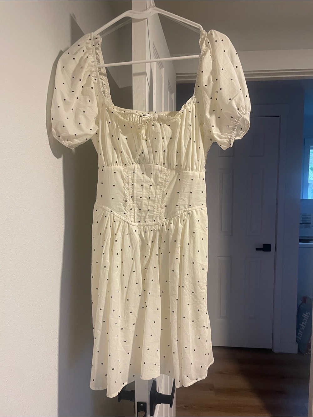 Trixxi Cream Mini Dress with Black Polka Dots and Puff Sleeves